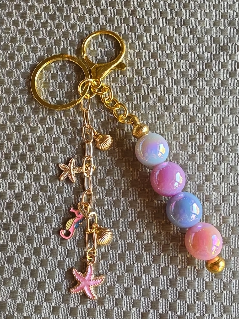 Gold-tone Keychain with Pastel Beads and Ocean Charms